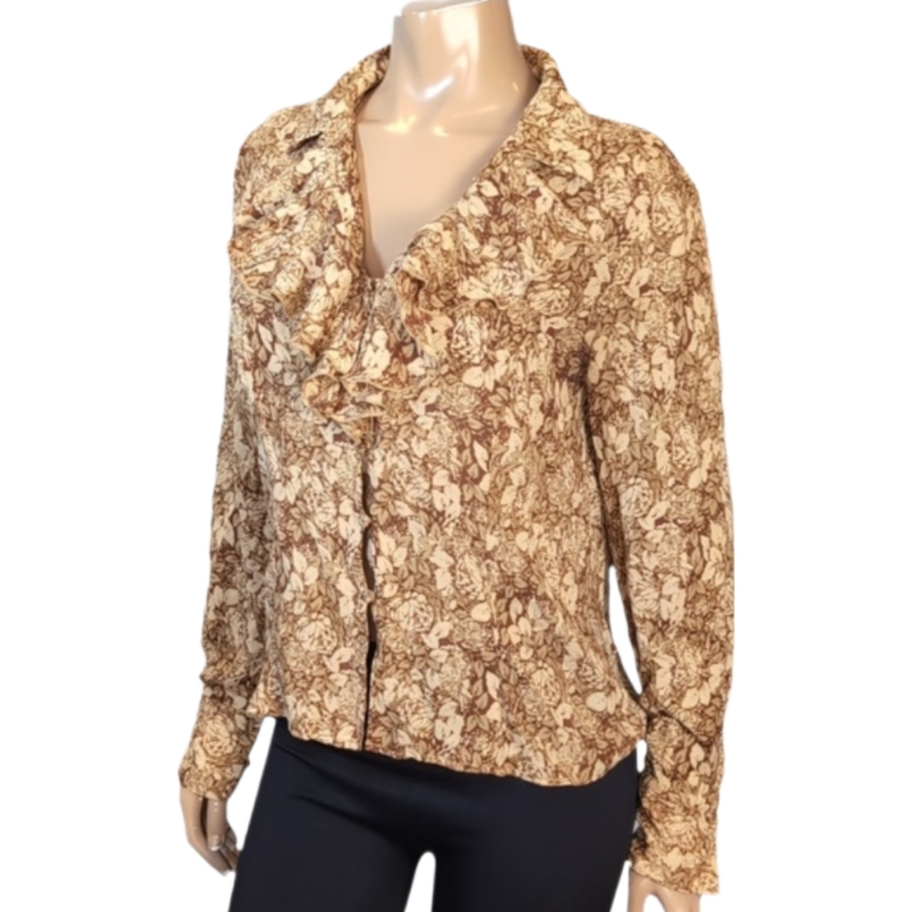 Liz Claiborne Silk Floral Blouse Womens Size 10 Brown Cream Ruffled Long Sleeve